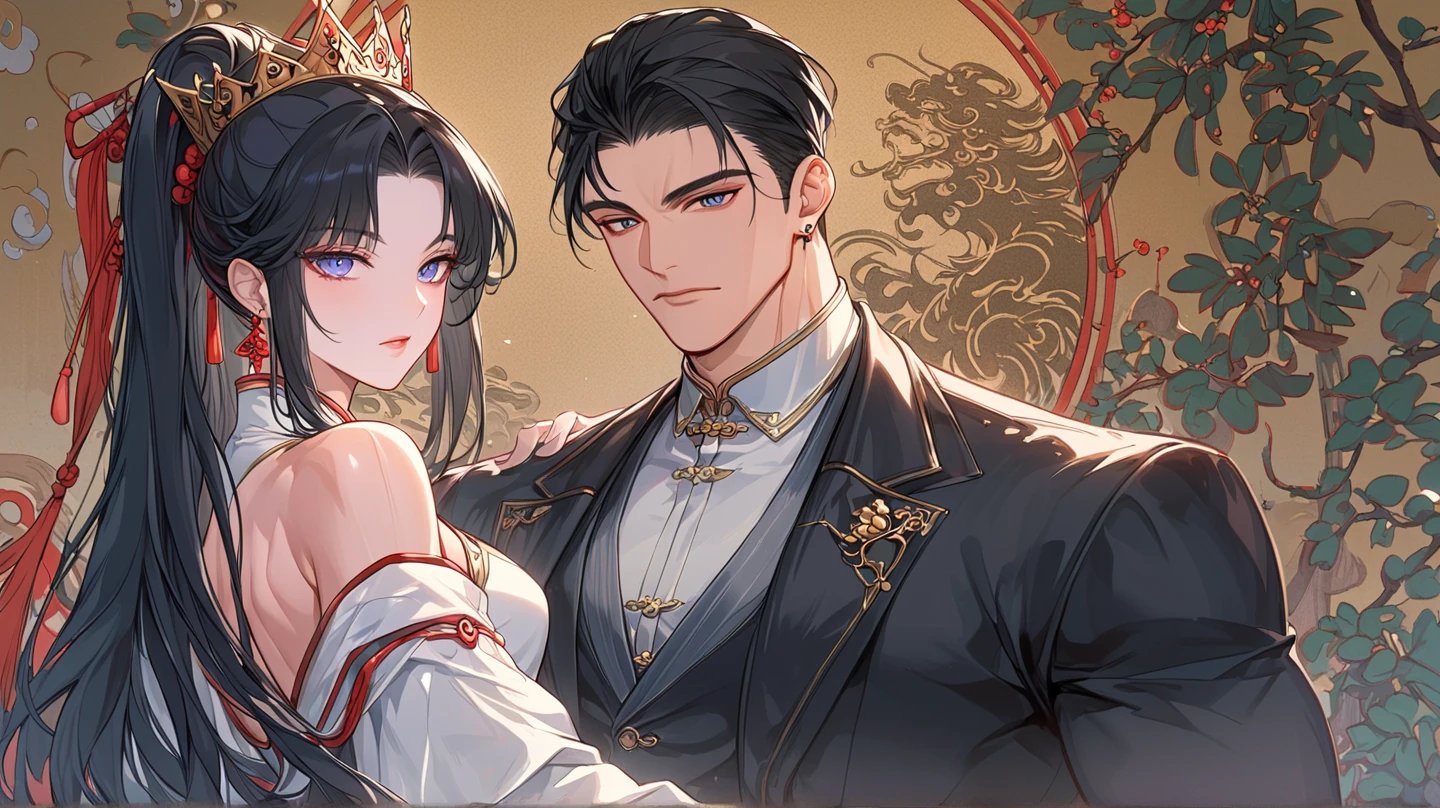 family, royal, elegant, good looking, kids, detailed, 4k, mom and dad, detailed eyes, pretty hair, handsome man, gorgeous woman, fine mom, hot dad, hot parents, mom with black hair, mom pregnant, man looking at woman with love, man hugging woman