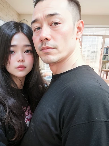 A Chinese man and a young Korean woman are kissing, age difference, age difference, giant size, ((20 year old man, cao 1m80, bearded, Wrinkles on man's face, muscular body, smiling face, body full of hair, broad shoulders, eo hẹp, 8-pack abs, hug standing, squeeze the girl's chest)), ((40 years old sexy woman, cao 1m60, small size and skinny, long black hairstyle, face red because of embarrassment, tư thế tình dục, kiss, ngực F cup)), 20 year old boy, A 40 year old woman, sea, wooden hut, Detailed face, thực tế, ngực, nude, tình dục, see-through tank top, large chest groove, small areola; full body photo, The man placed his face on the woman's chest's neck