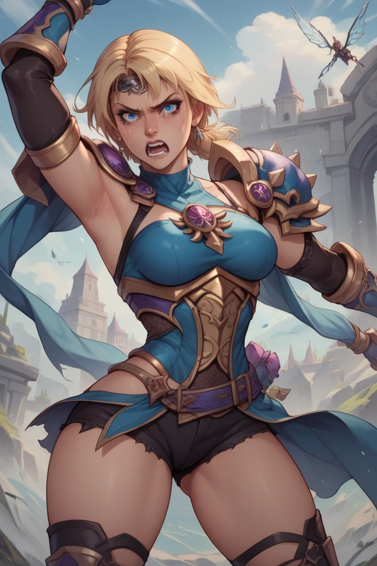 extremely long hair, ponytail, perfect anatomy 1 girl tall solo, slim thick, ((muscular)) high elf toned body, golden breast plate, golden cape, slender abs, hourglass waist, detailed face, defined cheekbones, puffy lips, goldengauntlets, gold crown, shadow over eyes, looking at viewer, masterpiece, white thigh highs lingerie, lustful smirking smile face red blushed red cheeks, 2 high heels feet together