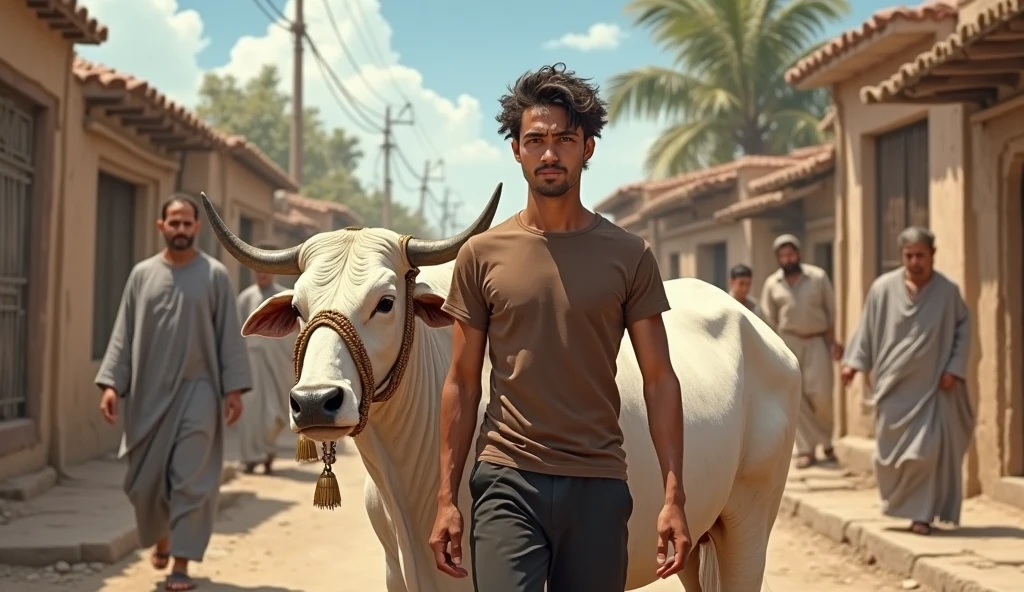 A bustling marketplace filled with livestock. Cristiano Ronaldo, wearing a brown and green striped polo shirt, stands amidst a group of goats, holding one by the neck. The scene is lively, with people in the background going about their activities, some wearing colorful attire. The setting is rustic, with makeshift stalls and a variety of animals around. The overall atmosphere is vibrant and energetic.