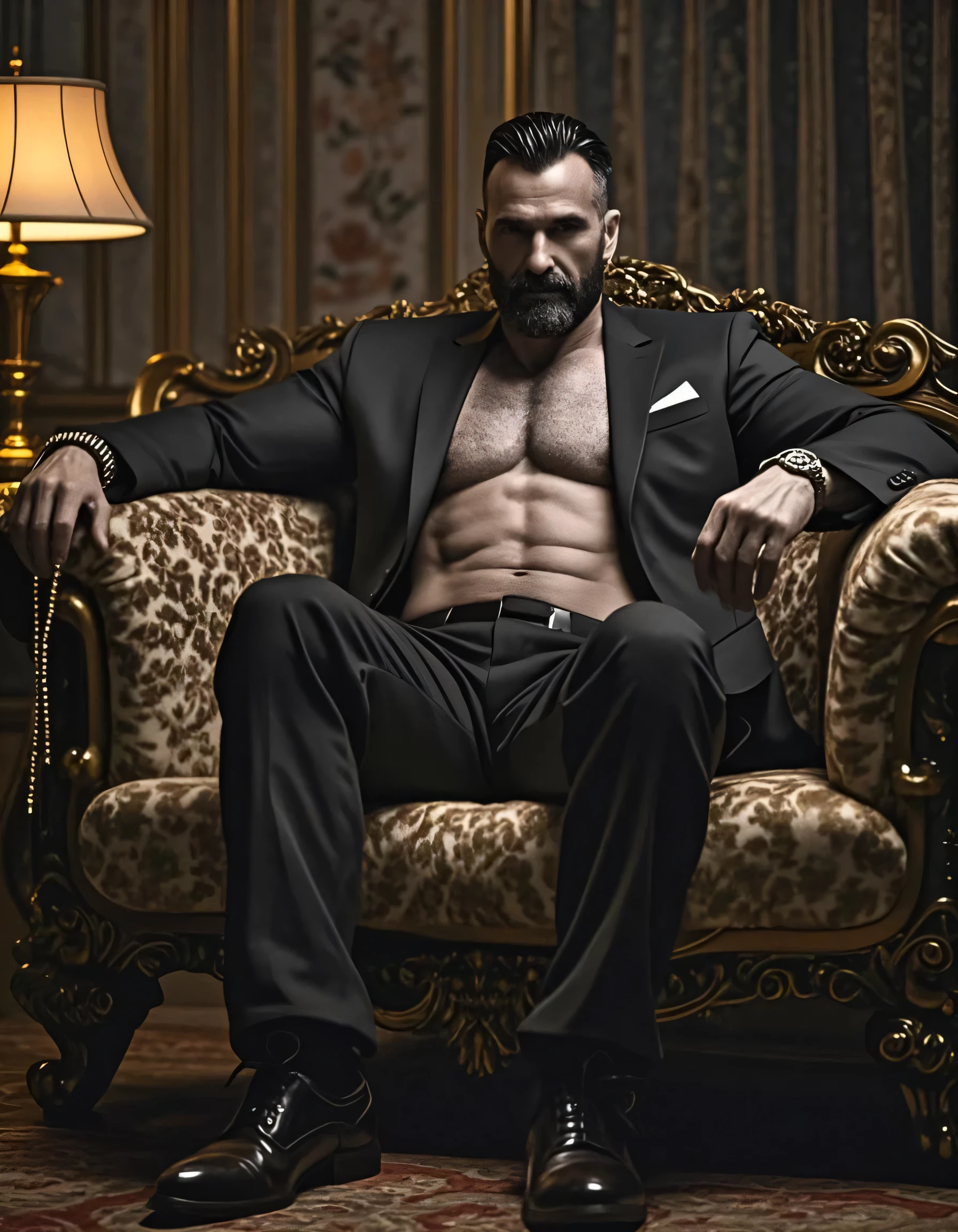 muscular shirtless king, defined abs and pectorals, black pants, big crown on his head, sitting on throne, looking at viewer majestically, black hair, facial hair, tattooed chest, solo, male_focus, navel, bara, muscular_male, facial_hair, black_pants, looking_at_viewer, large_pectorals, black_hair, chest_hair, shirtless, sexy expression, (best quality,4k,8k,highres,masterpiece:1.2),ultra-detailed,(realistic,photorealistic,photo-realistic:1.37)