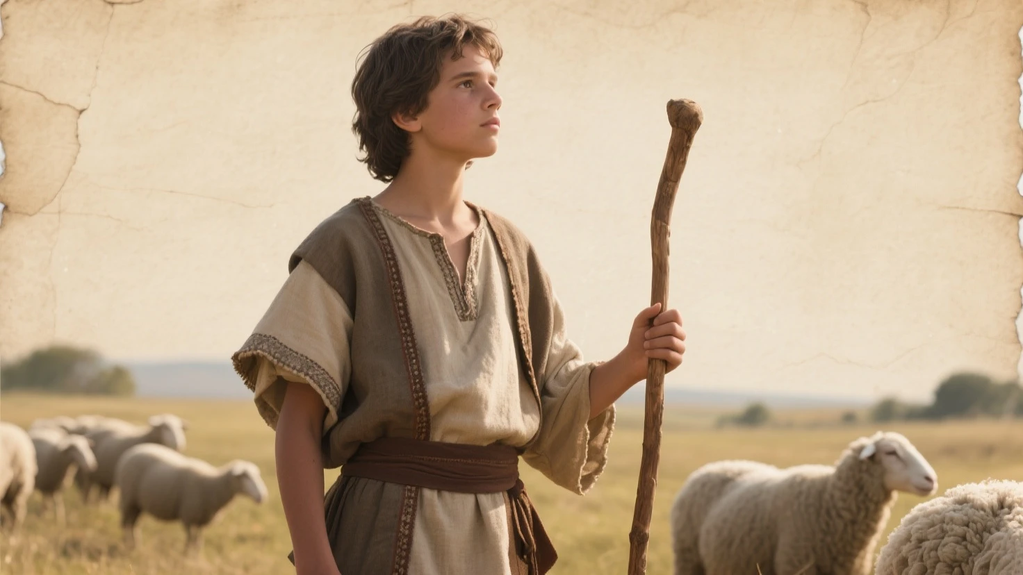 make a picture of David and Goliath, um jovem pastor em um ambiente pastoral, Cocked with sheep and holding a sling in his hands, a imagem deve capturar a simplicidade e a serenidade da vida no campo