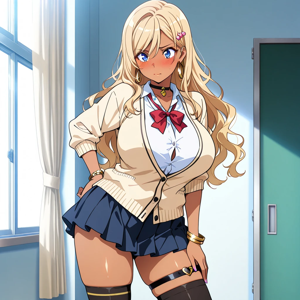 marin, 1girl, solo, long_hair, looking_at_viewer, smile, bangs, blonde_hair, red_eyes, jewelry, closed_mouth, collarbone, upper_body, multicolored_hair, earrings, necktie, indoors, pink_eyes, eyelashes, makeup, parody, anime_coloring, big_tits, big_ass, red_panties, no bra