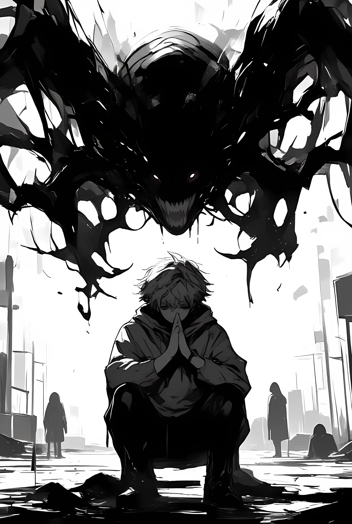 The image depicts a young person with short, spiky blond hair, wearing a hoodie, crouching down and clasping their hands together. They appear to be in a state of distress or contemplation, with their head slightly bowed. Behind them, there is a large, menacing creature with sharp, jagged teeth and an ominous, tentacled form. The creature is dark in color, with a sinister expression, and seems to be emerging from the background, creating a sense of impending danger. The overall scene is rendered in a monochromatic palette, with high contrast between the dark creature and the lighter background, emphasizing the tension and fear.