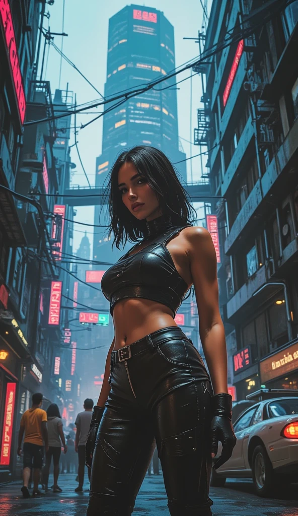 High definition image of a beautiful athletic young woman in short, fitted clothes in the foreground in a futuristic metropolis patrolling the streets