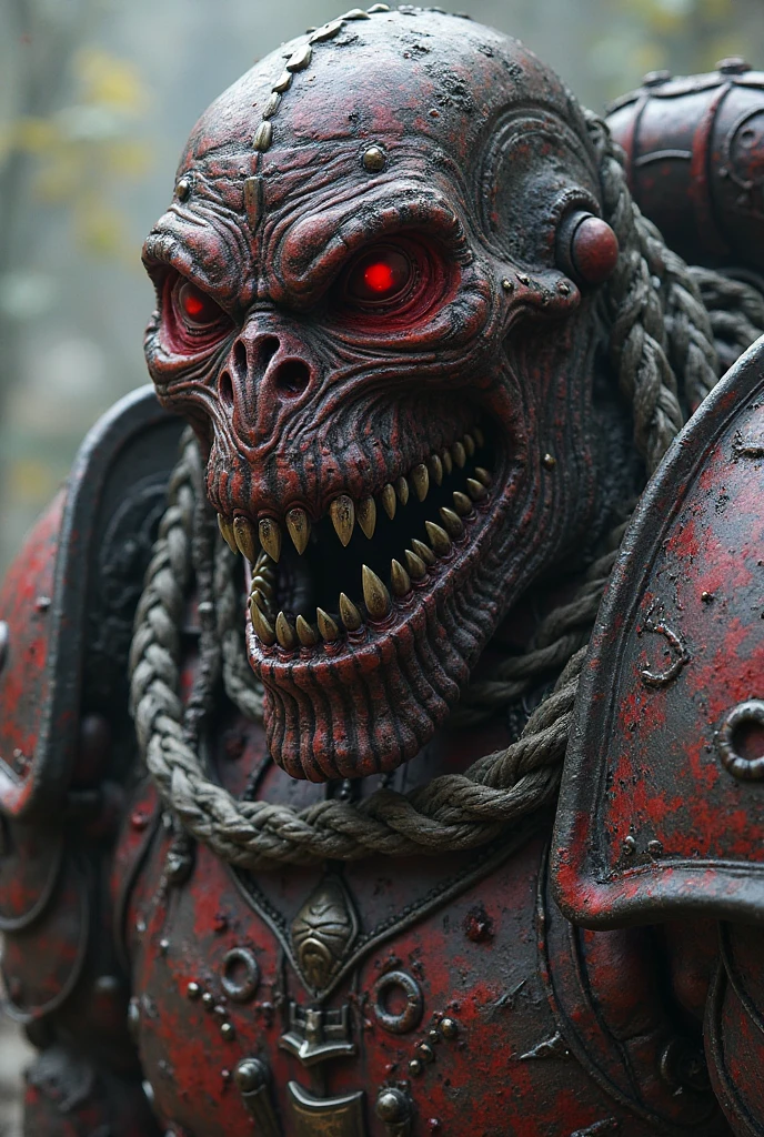 Close-up of a ((extremely handsome vampire warior)) , half human, half beast. Their eyes are filled with hapiness and longing. The background is a trail of blood and violence. He wears a mechanized robot armor, carved with animal elements, human skulls. The sky is filled with swirling, fiery clouds. The photo conveys a strong sense of the warrior's appearance, ((lifelike:1.2))