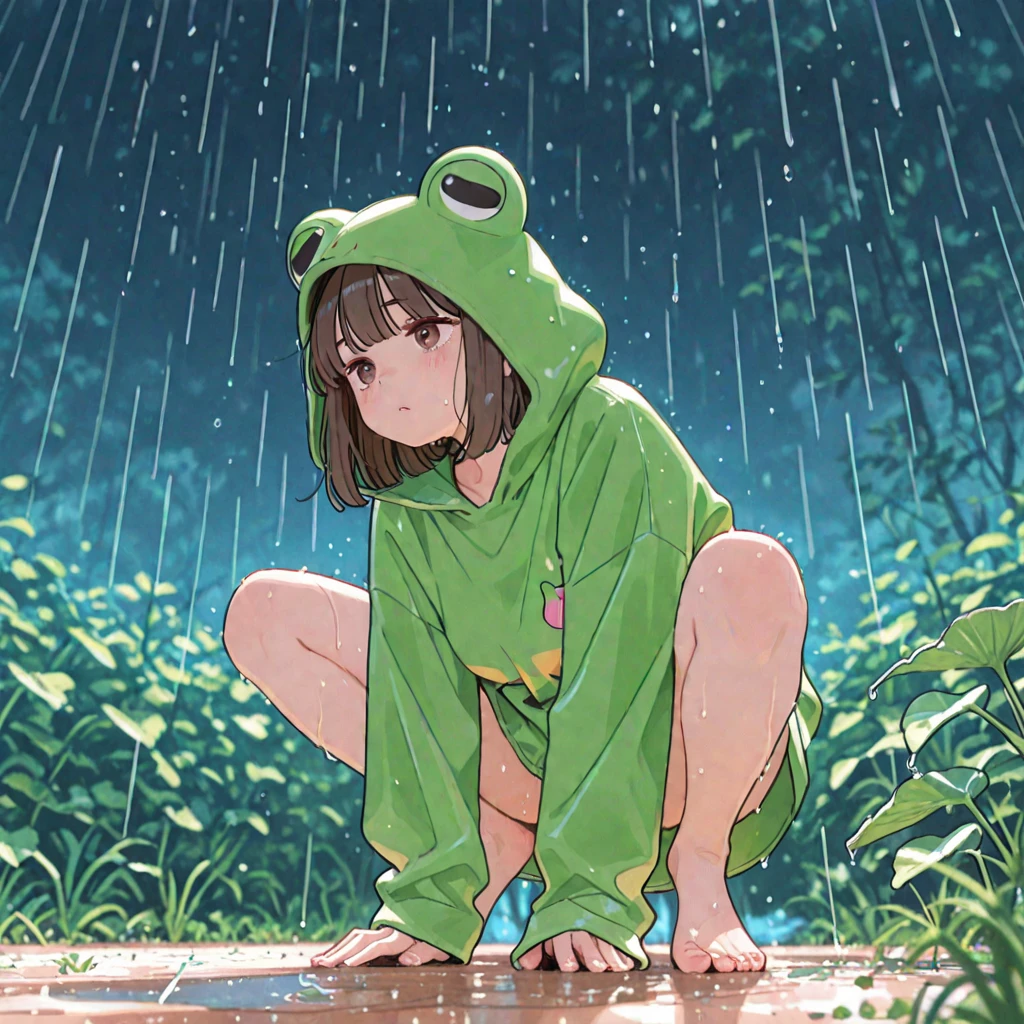 a girl, Hoshino Ruby son of Hoshino Ai from the anime oshi no ko, orange hair, star eyes, (after the rain:1.5), sitting in a puddle, (night time, shining stars:1.3), (flower field, glowing, bloom, chromatic, colourful:1.3), (wet foliage:1.8)
