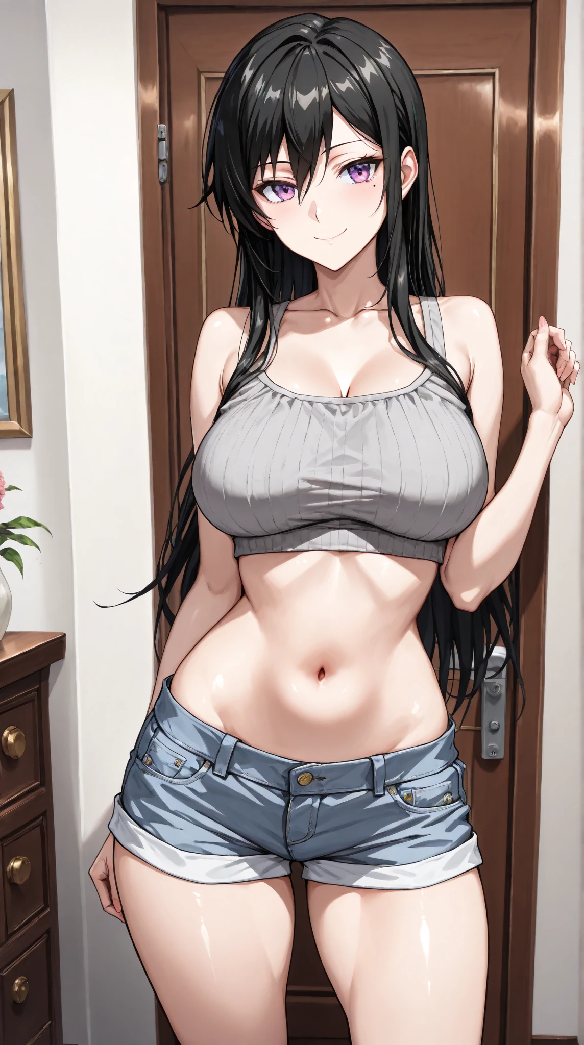 A woman with very long black hair and (very long bangs:1.5), wearing a bikini tio showing cleavage an tight jeans, standing. The artwork is inspired by manga and incorporates a doujin style. The woman appears to be (wetting herself:1.5), which causes her to feel embarrassed and humiliated, resulting in a blush on her face. In addition, there is an air of anger in her expression. The lighting in the scene is moody, with a spotlight highlighting the woman's figure. She is crossing her arms, (arms crossed:1.5), fully showcasing her heabss., large breasts, navel, midriff, groin, mound of venus, full body