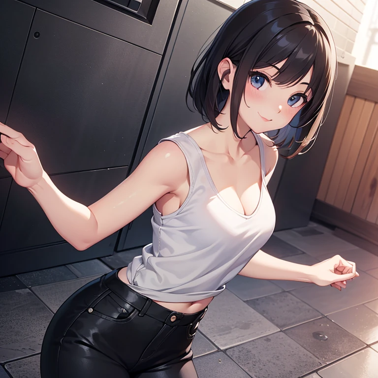 Optimal,masterpiece,High resolution,highest quality,in town、(cowboy shot)、cute face,,black hair、long hair、twin tails、 ((scarlet eyes)),long eyelashes,drooping corners of the eyes,Are standing、thin legs、white skin,((Shoot from the front:1.5)), ((Wearing a tight white t-shirt:1.5)), ((tight yoga pants)). ((pointed nipples))、rocket tits , big breasts,