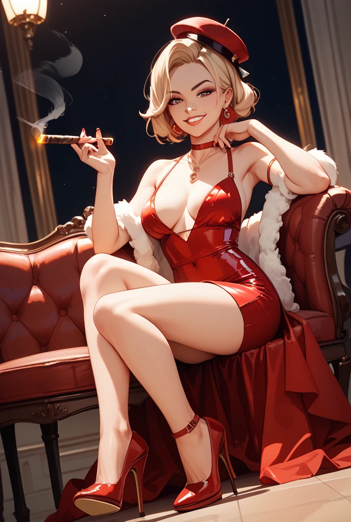 (Best Quality, Masterpiece), looking down, wind, particle, Upper part of the body, 1 girl, ((white skin)), ((blonde hair)), makeup, ((medium hair)), medium breast, ((black legwears)), ((red dress)), ((qipao dress)), sitting, drinking wine, ((loved eyes)), (seductive smile), BLUSH