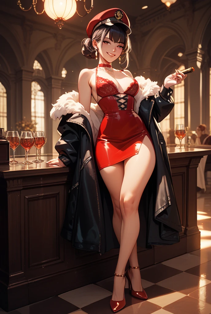 (( 1 woman )),(bar), Realistic, Best Quality, (((red dress))))), (big breasts: 1.7), ((1 light)), dynamic lighting, intricately , volumetric lighting, trending on Artstation, warm colors, ambient occlusion, 8K resolution, depth of field, ((Unreal Engine 5: 1.2)), ((master piece: 1.6)), (((perfect anatomy: 1.7))), ((detailed face: 1.7)), (((wearing white gloves)))