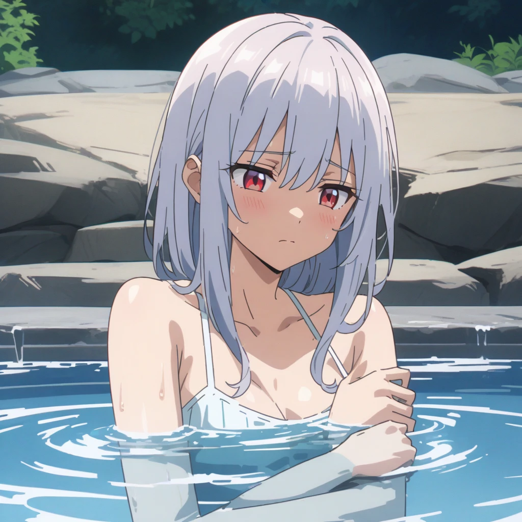 Masterpiece, best quality, very aesthetic, absurdres, create an image of a 2 female anime characters; the heroine, with white long hair, wearing white bikini. and the deman lord, with red short hair, wearing red bikini, both of them take a dip on outdoor onsen. all depicted in anime comedy shounen art style. shounen anime digital art, expressive shounen anime art, dynamic composition, anime style, highly detailed,
