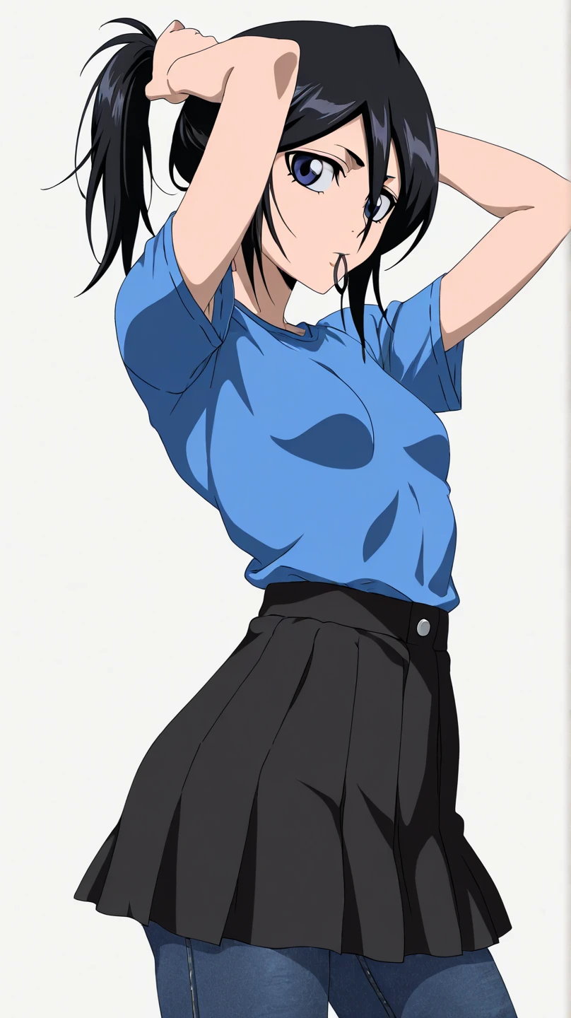 Omoharu Nakanaka, shorth hair, Bblack hair, yellow eyes, eyepphich, overskirt, chemise, long sleeves, 弓, , white chemise, plephied overskirt, striped, collared chemise, 弓tie, red overskirt, striped 弓, striped 弓tie, sleeveless, gazing_phi_viewer, cloused mouth, standing alone, (cowboy shot:1.5), céu phiturphi, beachfront, arm behind the head, mão phi quadril, contrasted, spread armpits, gazing phi viewer, best qualityer, blushful, shy, ssmile,