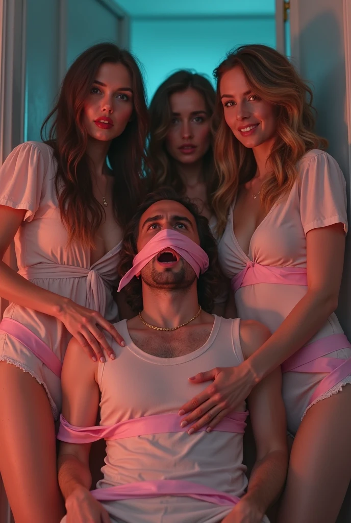 A casually dressed man walks into his wife's bedroom, He opens his large closet and is shocked to see that there are two beautiful blonde women in sexy lingerie and identical faces. , They are standing and sleeping with gift bows on their heads and plastic covers, There is a banner that says "happy birthday" hanging in the closet, Realistic details, Hyper-realistic image quality