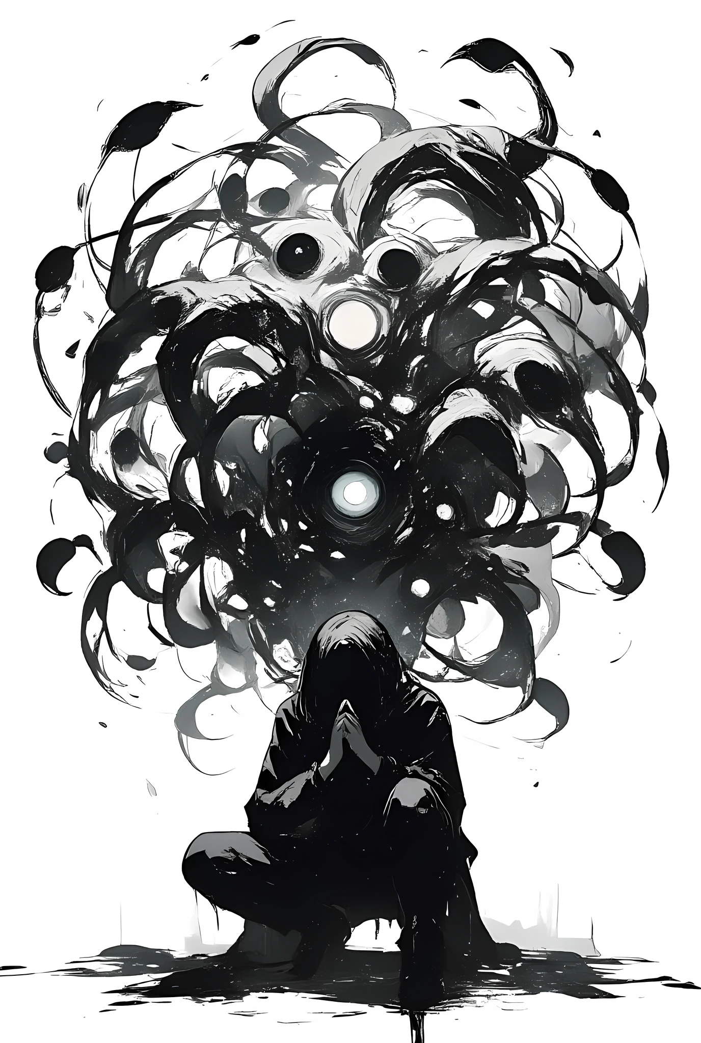 The image depicts a person crouching in a contemplative pose, with their head bowed and hands clasped together. The background is predominantly white, creating a stark contrast with the dark tones used for the person's clothing and the ground. The person's face is obscured by a large, swirling mass of eyes, which extend outward in various directions, giving an impression of overwhelming presence. The eyes are detailed with different expressions, some appearing to be wide-eyed and others with a more neutral or slightly eerie look. The overall composition is highly stylized, with a focus on the surreal and unsettling nature of the eyes and their arrangement.