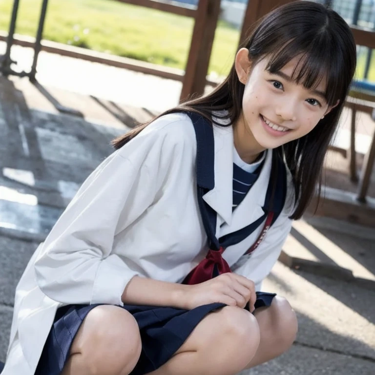 (Beautiful 14 year old Japanese girl), cute face, (deeply carved face:0.7), (freckles:0.6), dramatic lighting, shy, ponytail, (smile), (sparkling eyes), sitting, spread legs, japanese school uniform, sailor collar, slender, white shirt