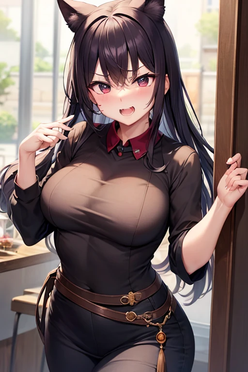 A woman with big ,Black long hair,twintails,Exquisite,Red ribbon,sleeveless,Loose collar,Slim waist,hip bone,blush,bedroom,A cute daughter,