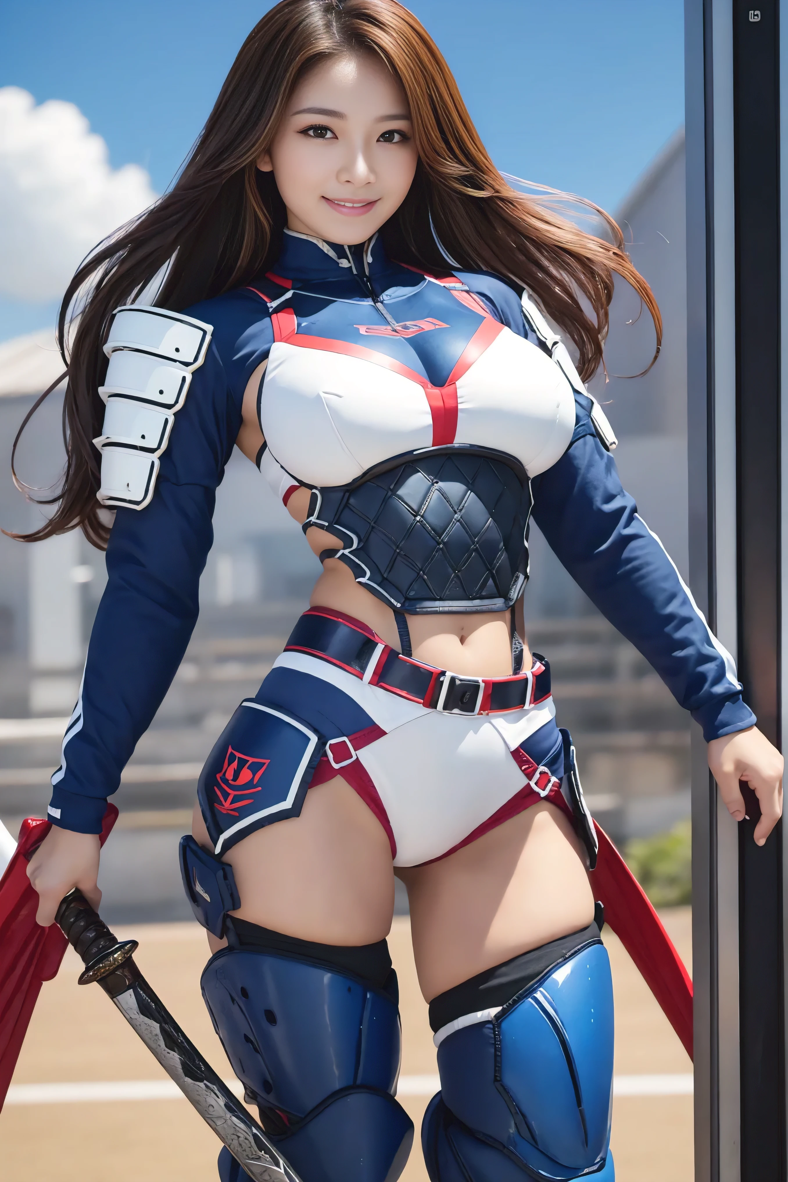 anime (Masou Gakuen HxH), teen lady , sexy (very big boobs), actress (Scarlett Fairchild) ,  yellow eyes , red long hair that is hip / past hip length, ribbon hair ,armor suit robot , She was at the practice room with a group of friends