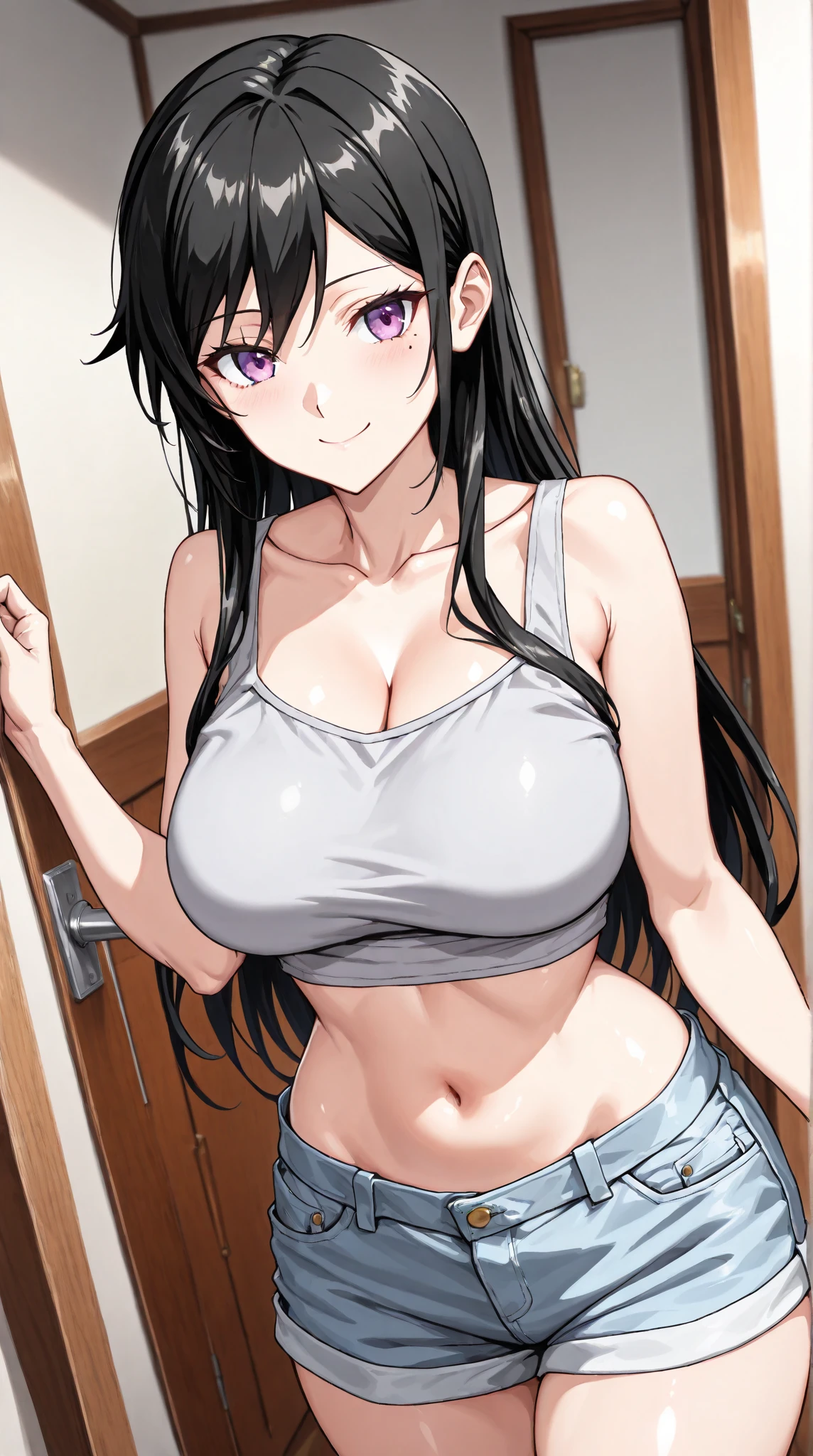 Vest, Denim shorts, Off-shoulder, 1 girl,20 years old, , Young women,Fair Finger,Fair long legs,Fair Body,Fair Nose,Fair character design, Perfect eyes, perfect Face,Expressive eyes, Looking at the audience,(lead_Body),(Focus on her Face), Official Art,Extremely detailed CG unity 8k wallpaper, Perfect Lighting,rich and colorful, bright_front_Face_Light,發Light的皮膚, (masterpiece:1.0),(the best_quality:1.0), Ultra-high resolution,4K,Very detailed, photography, 8K, Human Development Report, high resolution, absurd:1.2, Kodak Portrait 400, Film Grain, Blurred background, Bokeh:1.2, 鏡頭Light暈, (Full of energy_color:1.2) (Fair,Target_Chest:1.2), (Fair_Face:1.5),(narrow_waist), Smile, Happy,Purple Eyes, Black Hair,Bangs,Ponytail,