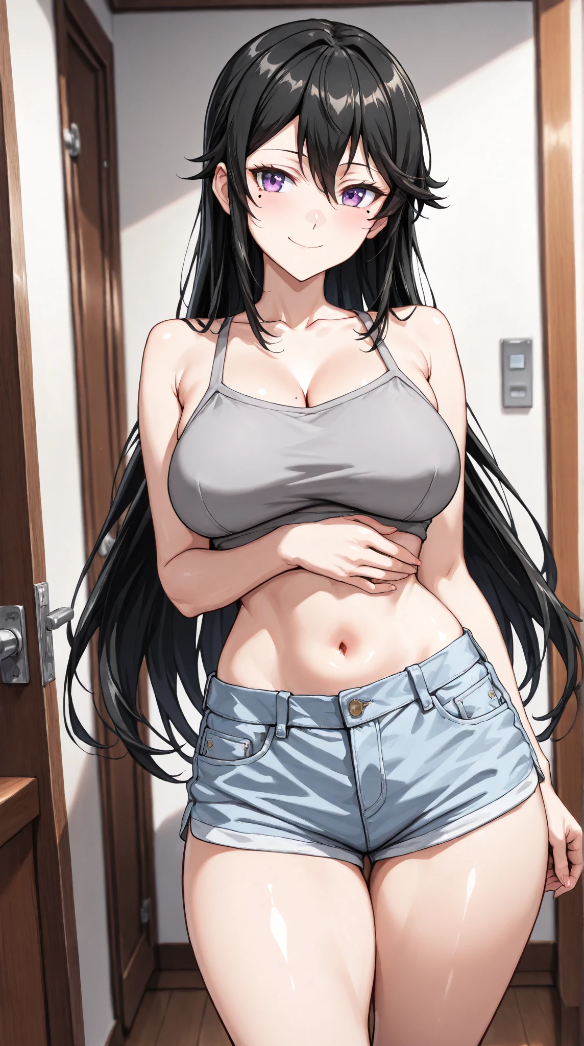 A woman with very long black hair and (very long bangs:1.5), wearing a bikini top showing cleavage and tight jeans, standing. The artwork is inspired by manga and incorporates a doujin style. The woman appears to be (wetting herself:1.5), which causes her to feel embarrassed and humiliated, resulting in a blush on her face. In addition, there is an air of anger in her expression. The lighting in the scene is moody, with a spotlight highlighting the woman's figure. She is crossing her arms, (arms crossed:1.5), fully showcasing her heabss., large breasts, navel, groin, mound of venus, full body