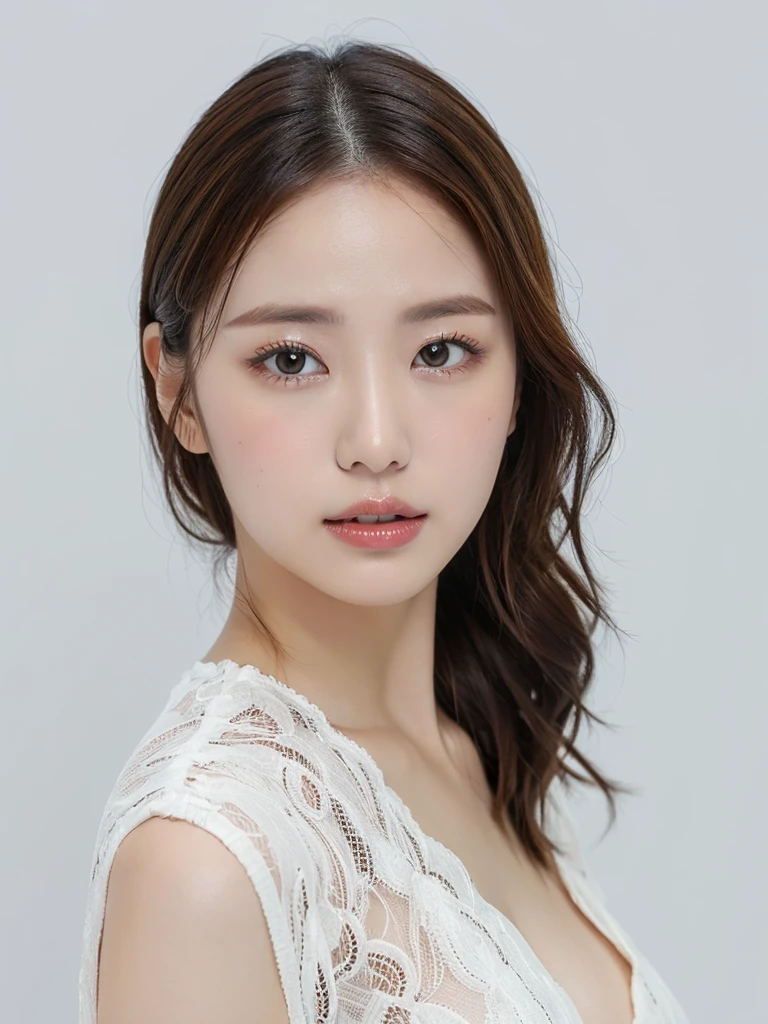 One Girl, (Wear trendy fashion:1.2), (RAW Photos, highest quality), (Realistic, Realistic:1.4), Tabletop, Very delicate and beautiful, Very detailed, 2k wallpaper, wonderful, In detail, Very detailedな CG Unity 8K 壁紙, Very detailedな, High resolution, Soft Light, Beautiful detailed girl, Looking into the camera、Very detailedな目と顔, Beautiful and sophisticated nose, Beautiful details, Long Hair, small, White clothes、White Background、Background is white、Cinema Lighting, Perfect Anatomy, Slender body, smile,