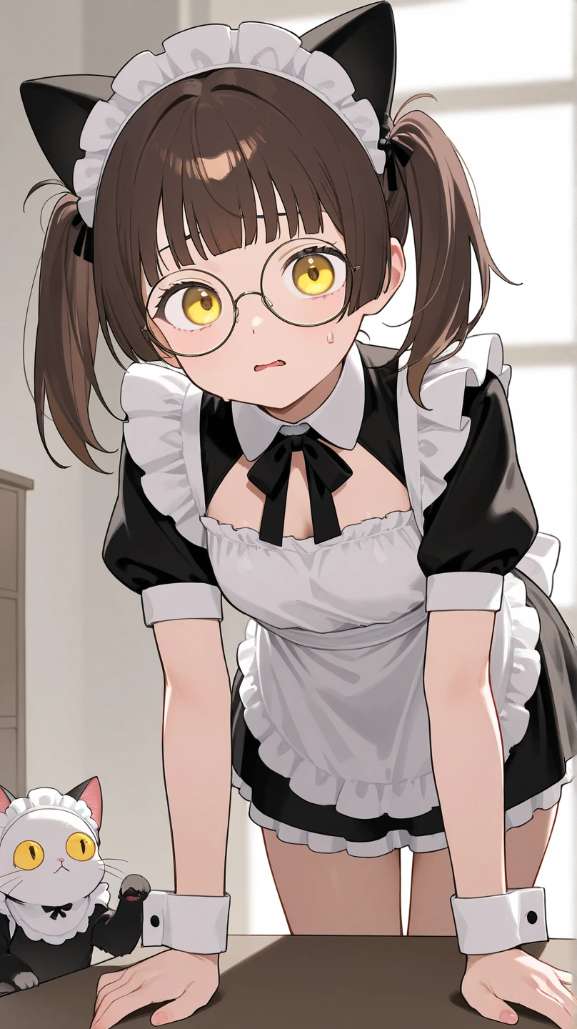 score_9, score_8_up, score_7_up, source_anime, 1girl, dark brown hair, brown eyes, bobcut, hair pin, cat ears, small breasts, eyeglasses, micro bikini maid, headdress, blouse, skirt, apron, areola, cool face, light smile, fellatio, fat man, penis, pov, from above, private room, mansion,