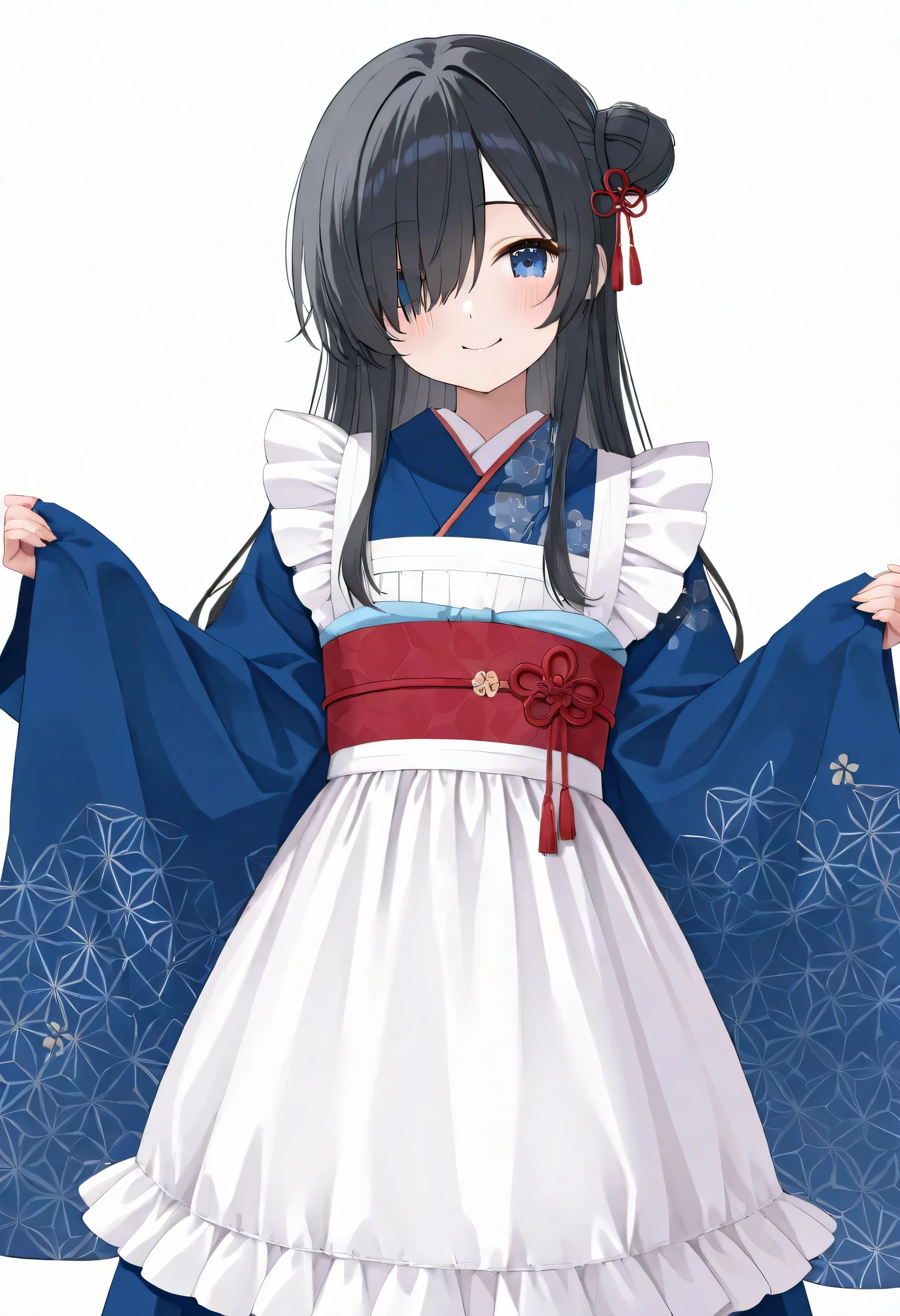 black hair、Black hair 、blue eyes、long hair、hair over one eye、single hair bun、round face、A cute anime-style maid outfit with a traditional Japanese touch. The outfit features a blue kimono patterned with floral and geometric designs, worn under a white frilly apron. The kimono sleeves are wide and elegant, and the waist is tied with a white and red obi decorated with a traditional knot、Smile Yan、Head to waist、I can't see through it、white background