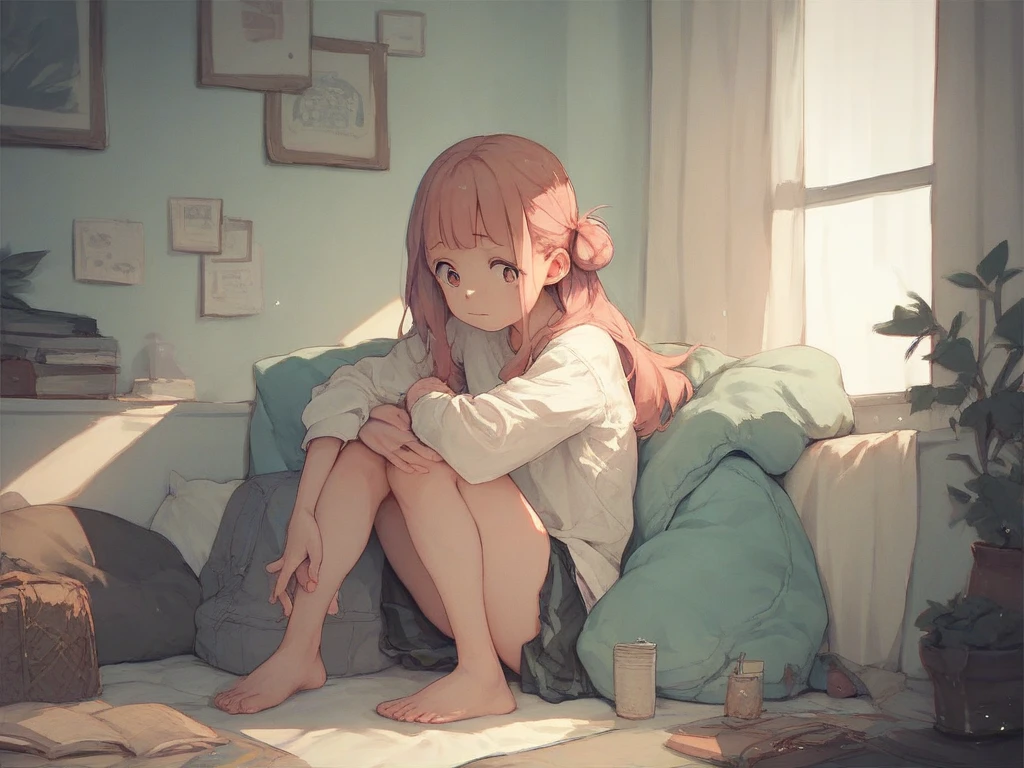 1 girl, Redhead, Updo, Facial hair stripes, Red eyes, mascara, Sagging under the eyes, feet, Impact, 8k, masterpiece,Thighs,color、Ultra-high resolution、masterpiece、Accurate、Anatomically correct、Very detailed、Bright expression、Photorealism、highest quality、超A high resolution、photograph、A cute and beautiful face down to the last detail、Small face、white、hospital、(Doctor's coat)、underwear、Doctor on underwear'Wearing an s coat