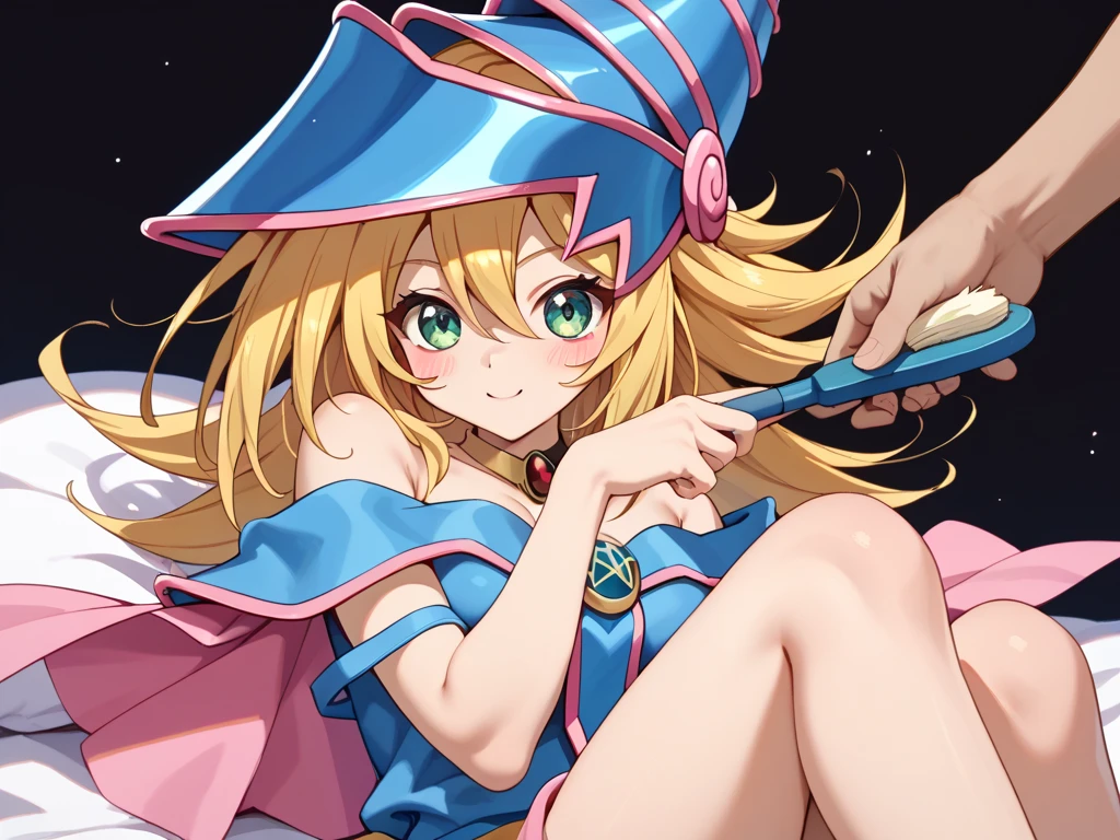 score_9, score_8_up, score_7_up, 1girl, solo, (loli:1.5), ???, flat chest, dark_magician_girl,blonde_hair,duel_monster,1girl,long_hair,green_eyes,bare_shoulders,wizard_hat,, no cane, cleavage,hair_between_eyes, lying on side,confused face, oversized clothes, looking down, fantasy, galaxy,