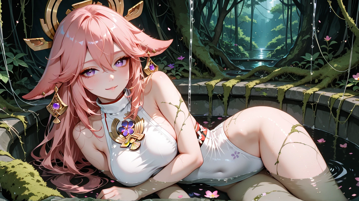 (best quality,4k,8k,highres,masterpiece:1.2),ultra-detailed, beautiful seductive Dryad in a suburban backyard garden, tree woman, plant woman, plant flesh, green dryad, green skin, hair made of pink flowers, glowing green eyes, sensual smile, seductive pose, erotic pose, seethru, HDR, 8k, absurdres, cinestill 800, sharp focus, add_detail:2, (solo, woman)