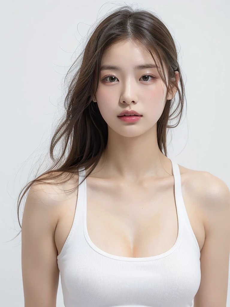 (((masterpiece))), (((High resolution)))、(((8K quality)))、(((perfect face)))、(((K-pop idol)))、25 years old、(tank top), look at the camera, (top quality eyes), (detailed face), (detailed texture), (big tits), (plump)