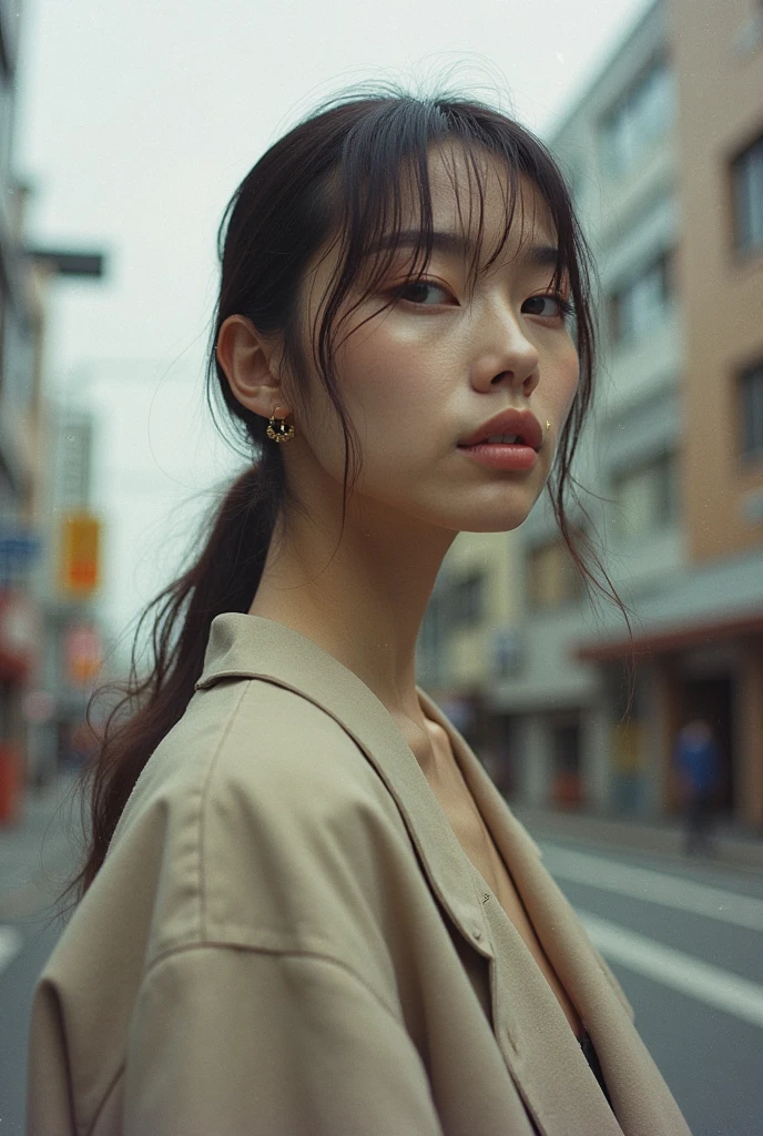 highest quality, masterpiece, ultra high resolution, (realistic:1.4), (Close profile portrait) Raw photo, 1 girl,20-year-old,((A crowded Yamanote Line train on a holiday)),((Wireless earphones in your ears)),((Staring at smartphone screen)),,((Asian Fashion)),messy hair,((Ponytail and scrunchie, chestnut-colored hair)),((Bangs short hair)),realistic,picture media chest)),