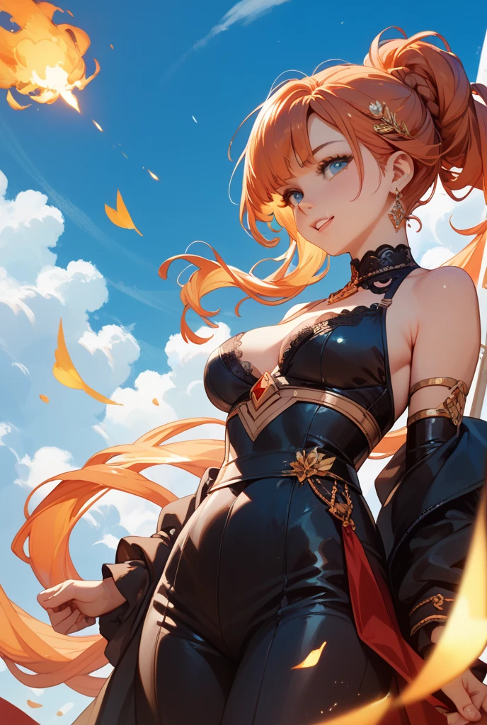 celica from fire emblem, orange short hair, white and black princess outfit with a cape, armor bikini, arms behind back, bare shoulders, large breasts, mikro bikini, smile, thick thighs