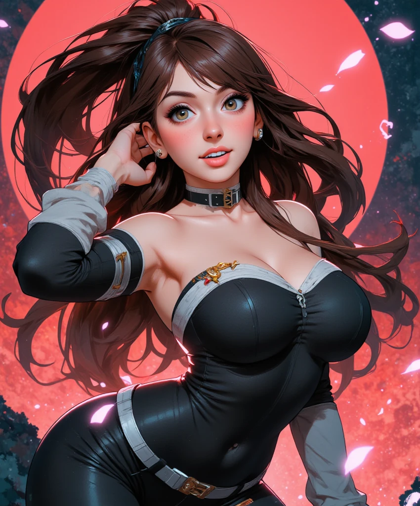 Full body image, ((1 girl in maid/Batman/Ultraman costume, brown hair all over body, huge breasts, strong musculature)), looking at viewer, furious, short black hair with highlights in red, red eyes, body and clothes totally wet, background of destroyed city raining heavily, Super Saiyan Ultra Instinct, anime, dragon ball gt, mortal kombat, masterpiece, (16k:1.6), (high details:1.6), (high quality:1.6) , (maximum resolution: 1.6)