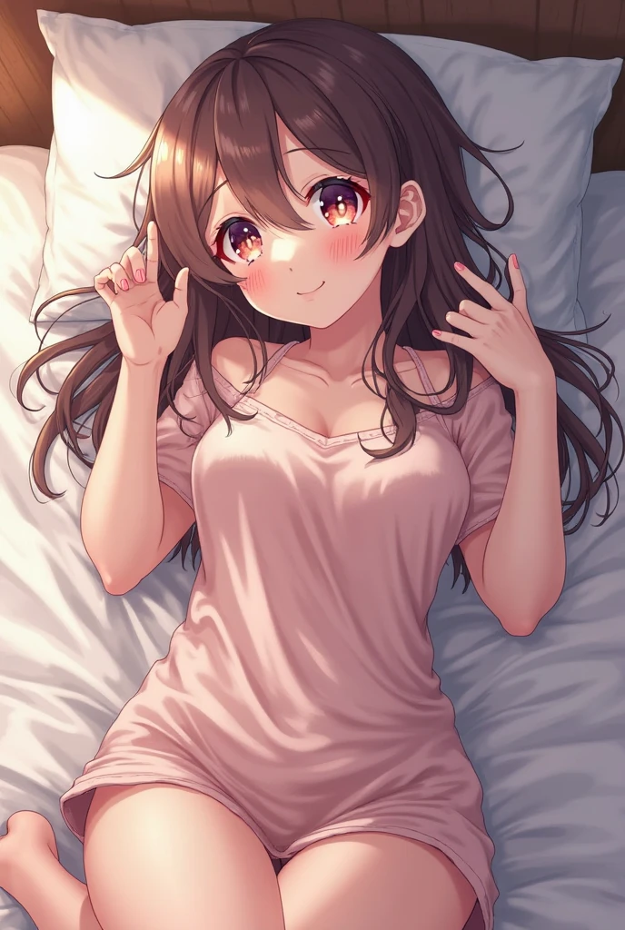 One 17-year-old girl, ((Sexy underwear))、(Red pink inner color hairstyle), Beautiful Hair, Facial Contour, Remember, ,Hotel, splash, Lens flare, noon, bright, Natural Color, High resolution, Very delicate, Very detailed, 8k,Lying in bed、Just a slight swelling of the chest、Shyness、Angle from below,((Sexual))