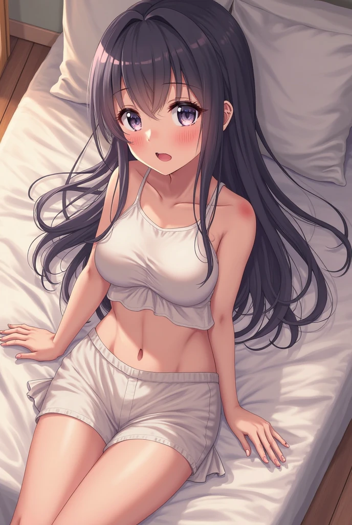 ((best quality)), ((masterpiece)), (detailed), perfect face, brown skin anime woman in a deep V-neck tied top, (bare shoulders), (jeans), (long hair), starving, (resting hands on the stomach), (hands on the stomach)