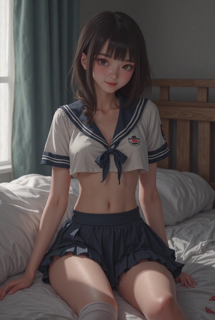 (1 woman), (Micro thong), ((under boob)), ((Crop Top shirt)), ((spread legs, one knee up)), (Sailor school uniform only for the upper body), (white short shirt), summer clothes, ((Red Ribbon Tie)), ((sheer white thigh-high socks)), long thigh high socks, masterpiece, Best Quality, High quality, High Definition, Finely detailed, Detailed texture, realistic representation of face, Realistic, Colorful, Ray tracing, (((lighting forward))), smile, (glowing eyes), (Detailed beautiful delicate face, Detailed beautiful eyes, A perfectly proportioned face, High detailed skin, best ratio four finger and one thumb, (((Glowing white shiny skin))), (oiled skin), (large breasts), ((Smooth texture, Realistic texture, Photorealistic)), ((Green eyes)), (((medium hair))), (Beautiful face, Cute face, Detailed face), on a bed