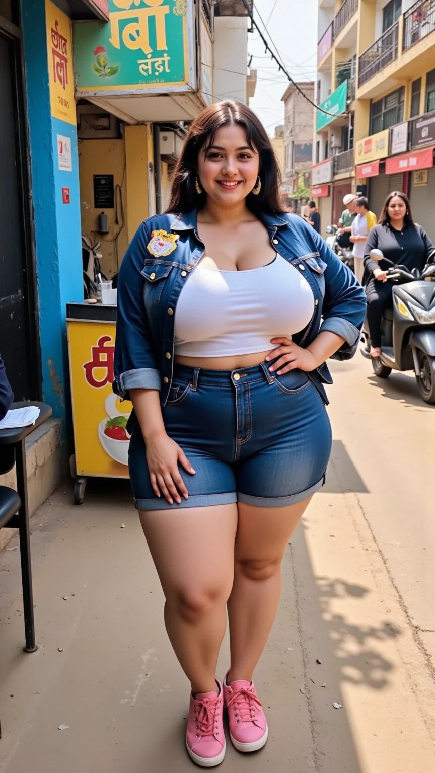 A really fat adorable cute obese young  fat girl which is 5 feet and 1 inch tall, with very kind feminine beautiful face, long curly beautiful hair, blue eyes, one whole huge bloated soft obese belly, very wide hips and obese wide thights, huge fat booty, fat arms, smiling in a small tight jean skirt and a gray crop top. Next to the the drinking fountain in a fast food restaurant holding a cup full of soda in both hands