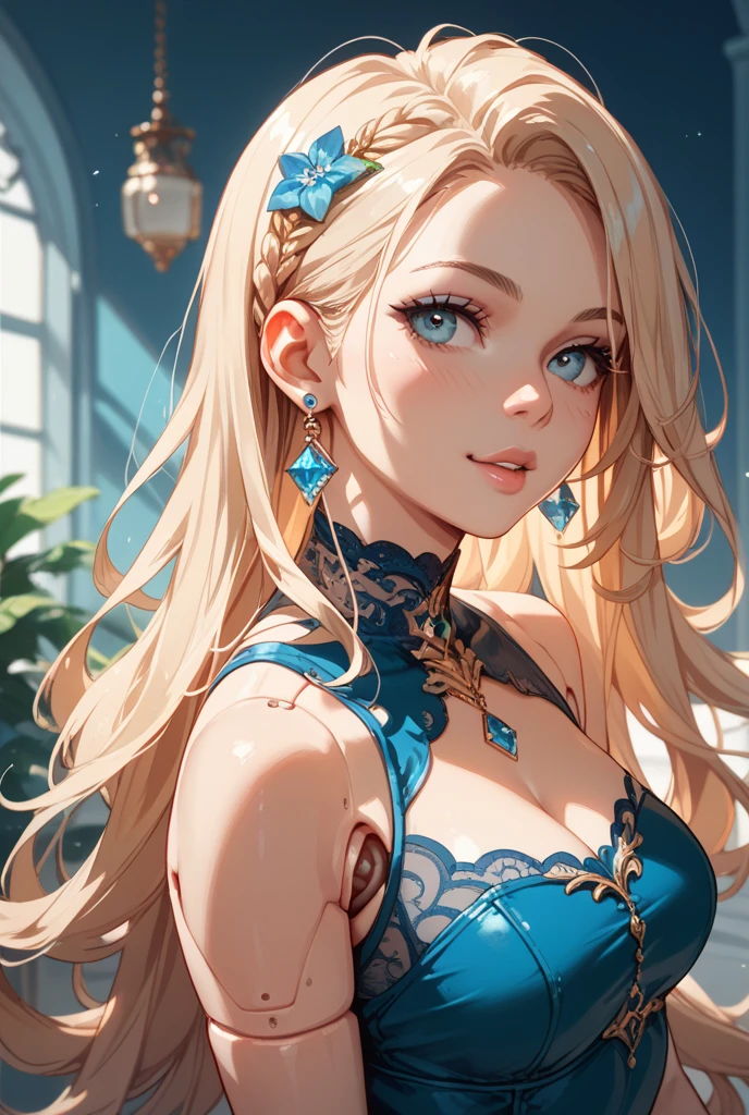 Adorned with luxurious accessories, the blonde-haired, blue-eyed elf queen captivates the viewer with her regal presence. Her gown, embroidered with gold and silver threads and intricately patterned with brightly colored threads, shimmers in the ethereal light. Ears adorned with pierced earrings sparkle, an elegant necklace adorns the slender neck, and rings and bangles adorn the fingers. giga_busty, big breasts