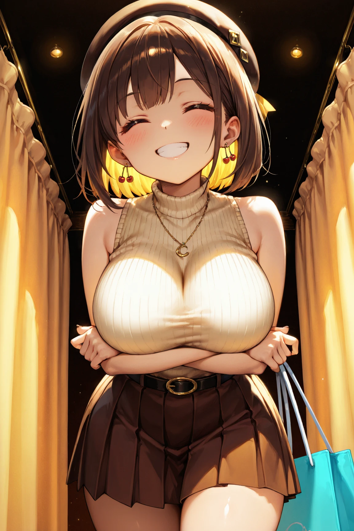 1 japanese girl,(Shiny night dress:1.4),(Bursting huge breasts:1.4)、 (Raw photo, Best Quality), (Realistic, Photorealsitic:1.4), masterpiece, extremely delicate and beautiful, Extremely detailed, 8k wallpaper, amazing, finely detail, extremely detailed CG Unity, hight resolution, Soft light, Beautiful detailed 17 year old girl, extremely detailed eye and face, beautiful detailed nose, Beautiful detailed eyes,Cinematic lighting,city light at night,Perfect Anatomy,Model body,Smiling, (hair messy, asymmetrical bangs, light brown hair,),Cowboy Shot、Gorgeous earrings、Gorgeous necklace、HOURGLASS_body、Model pose:1.5