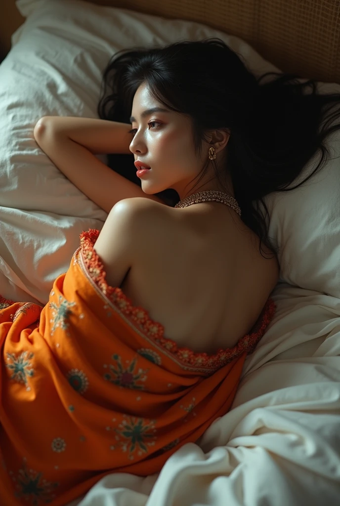 ((32K, ultra HD, RAW Photo, Best Quality, Masterpiece)), ((photos Realistic)), (cinematic lighting) (ultra-detail), shot with Canon EOS R5, ((((50mm len))) f/2.8, HDR, best quality, lifelike, 8k, high resolution, Indian girl in traditional red saree, 1 girl, Miss, (professional lighting), (portrait:0.6), (Lie flat on your back on the bed), Gorgeous, black hair, (1 girl ), eyes closed,lifelike, ,SFW, Calm expression,full-body shot,top view, full body,, open legs, novel, nude, naked, sleeping, juicy pussy,