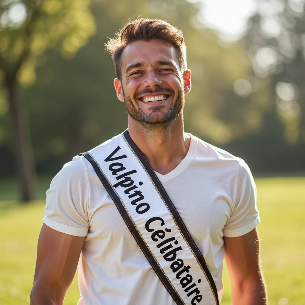 Mister world man winning crown on a beach, many people applaud him and celebrate with a bubble
