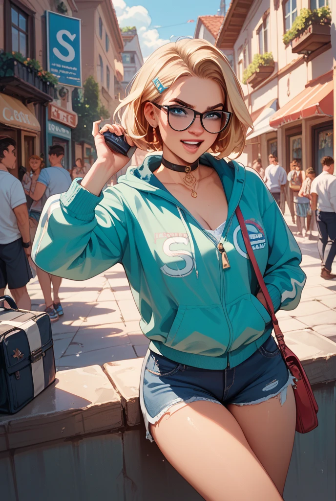wide shot, ((best quality)), ((highly detailed)), masterpiece, (detailed eyes, deep eyes), (1girl), dynamic angle, cowboy shot, zelda, woman, smile, looking at viewer, ((short blonde hair)), ((green eyes)), standing on a subway train, ((tank top, denim jacket, miniskirt, headphones))firm breasts, realistic proportions, curvy body, lipstick, curvy hips, subtly visible breasts, day lighting, flashing breasts, visible nipples, ((petite body)), pierced nipples, Lifting skirt, upskirt, visible thong