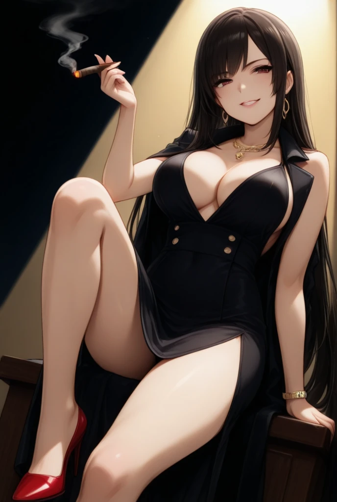 realistic image, detailed image, coherent image, 1 beautiful elf, she has very long hair, black hair, turquoise eyes, smiling, She is wearing a dongtan dress, showing her legs, She has a curvy body, medium breasts and thighs thick, She is sitting, posing sensually, arms hidden behind her back, chest sprouting, back arching, full body view, view from above, Soft focus, Dramatic shadows, Volumetric lighting, natural lighting, artificial lighting, White background,