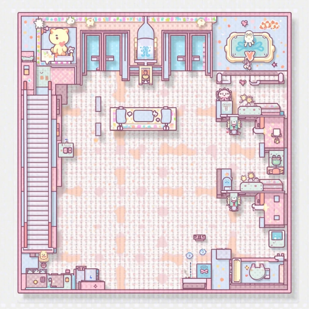 2D game map layout, Roblox café lobby. Features: player spawn (center), teleport elevators (10 total), donation store with plushies, lounge zone. Kawaii art style, pastel colors, grid overlay, schematic view.