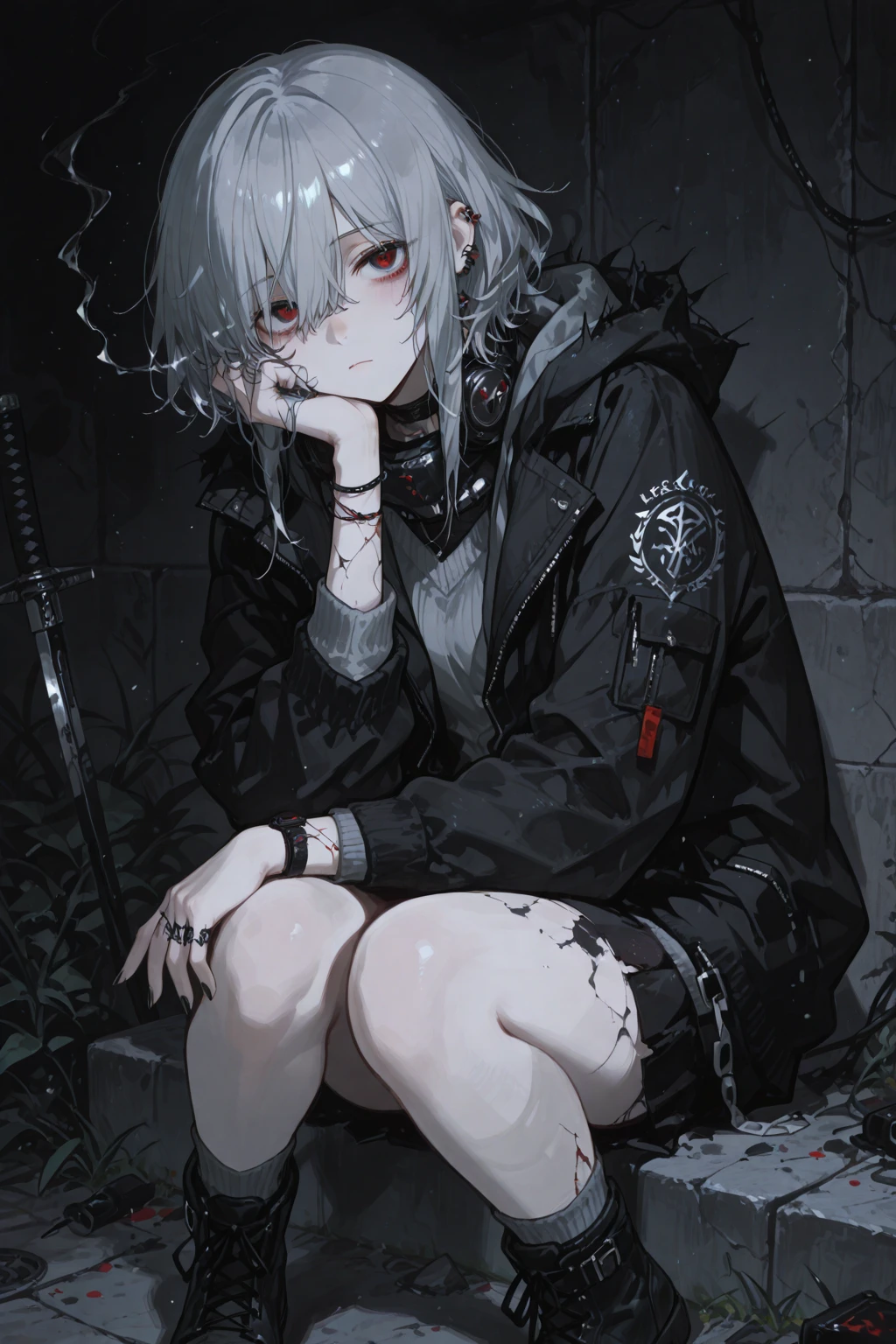 Movement restricted by chains,Being chained to the wall,Sweat,Head yoke,whole body,shota,Beastman,Wolf,Wolf Cut,Long Parka,pants,He looks exhausted.,
Shiny lace-up long boots,Stiletto heels,Adhesive Restraint,first round