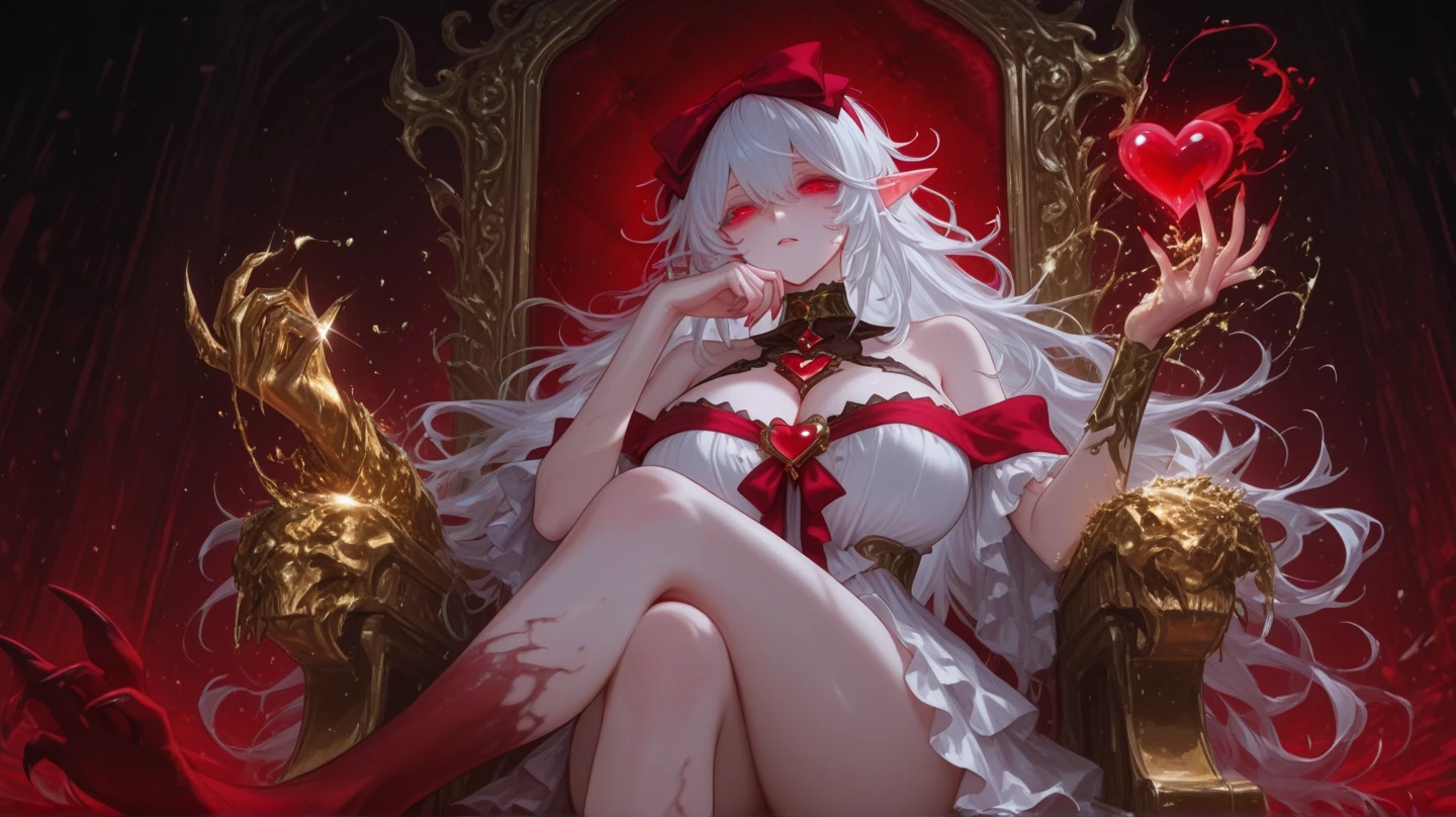 Create an image of a succubus for me. represents a woman dressed in a white dress but stained with red. her left breast comes out of the dress. we see on his forehead 2 small discreet horns which slide out of the hair. his tongue is forked and his pupils are elongated like those of a cat. despite everything, his face is pretty. she tramples the white lilies, she is surrounded by flames, red lilies and orange roses. she holds a crown in one hand, a scepter in the other.