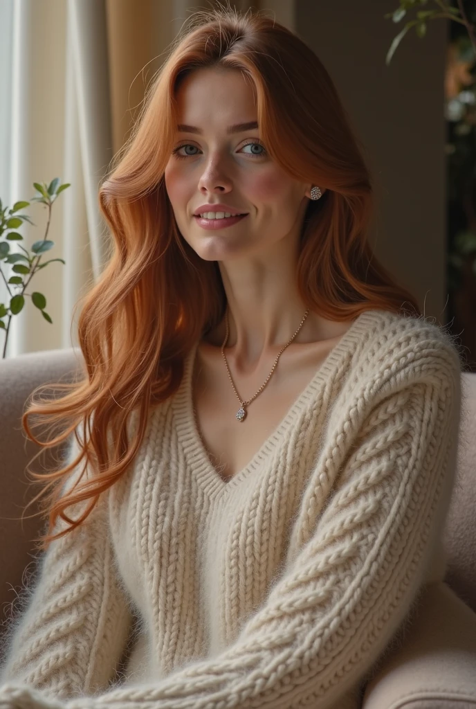 There is a thin woman with red hair and green eyes in a cafe, with a brown sweater, ,look down,redhead girl, big bubis, great cleavage red hair and freckles, a young redhead, redhead woman, beautiful redhead woman, redhead, high quality, gorgeous, beautiful model, redhead young woman, thin stockings, 8K raw photo, Hyper realistic, SMILE,