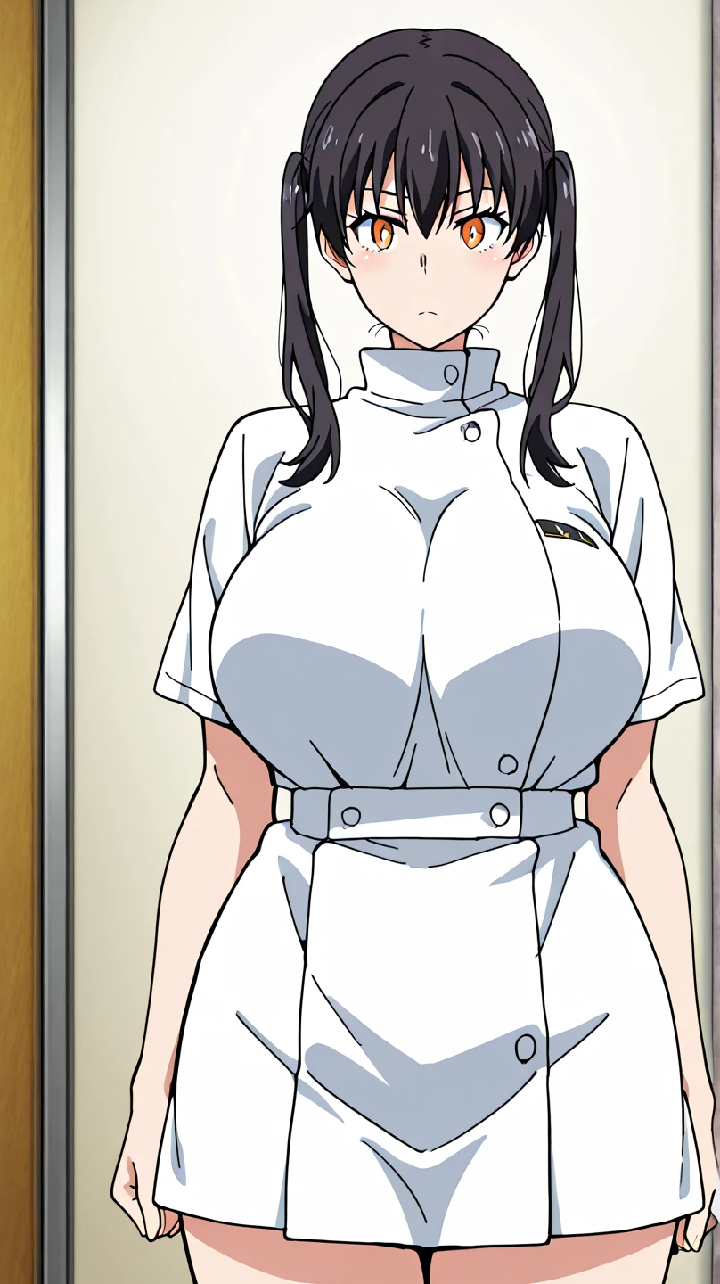 white turtleneck, black shirt,black long skirt,white belt,hair ornament, hair scrunchie,low ponytail,
long hair,bangs, black hair, blunt bangs,big red eyes,alone, 1 girl,Young female, 18 years old, very cute, smile, Beautiful Finger,Beautiful long legs,Beautiful body,Beautiful Nose,Beautiful character design, perfect eyes, perfect face,expressive eyes, looking at viewer, in the center of the image,(light smile:0.5), official art, indoor, portrait, perfect lighting,Colorful, Bright_Front_face_Lighting,shiny skin, (masterpiece:1.0),(best quality:1.0), ultra high res,4K,ultra-detailed, photography, 8K, HDR, highres, absurdres:1.2, Kodak portra 400, film grain, blurry background, bokeh:1.2, lens flare, (vibrant_color:1.2), (beautiful face), (curvy body), ashamed, blushing, glossy red lips, glossy red rouge, jealousy, SFW,