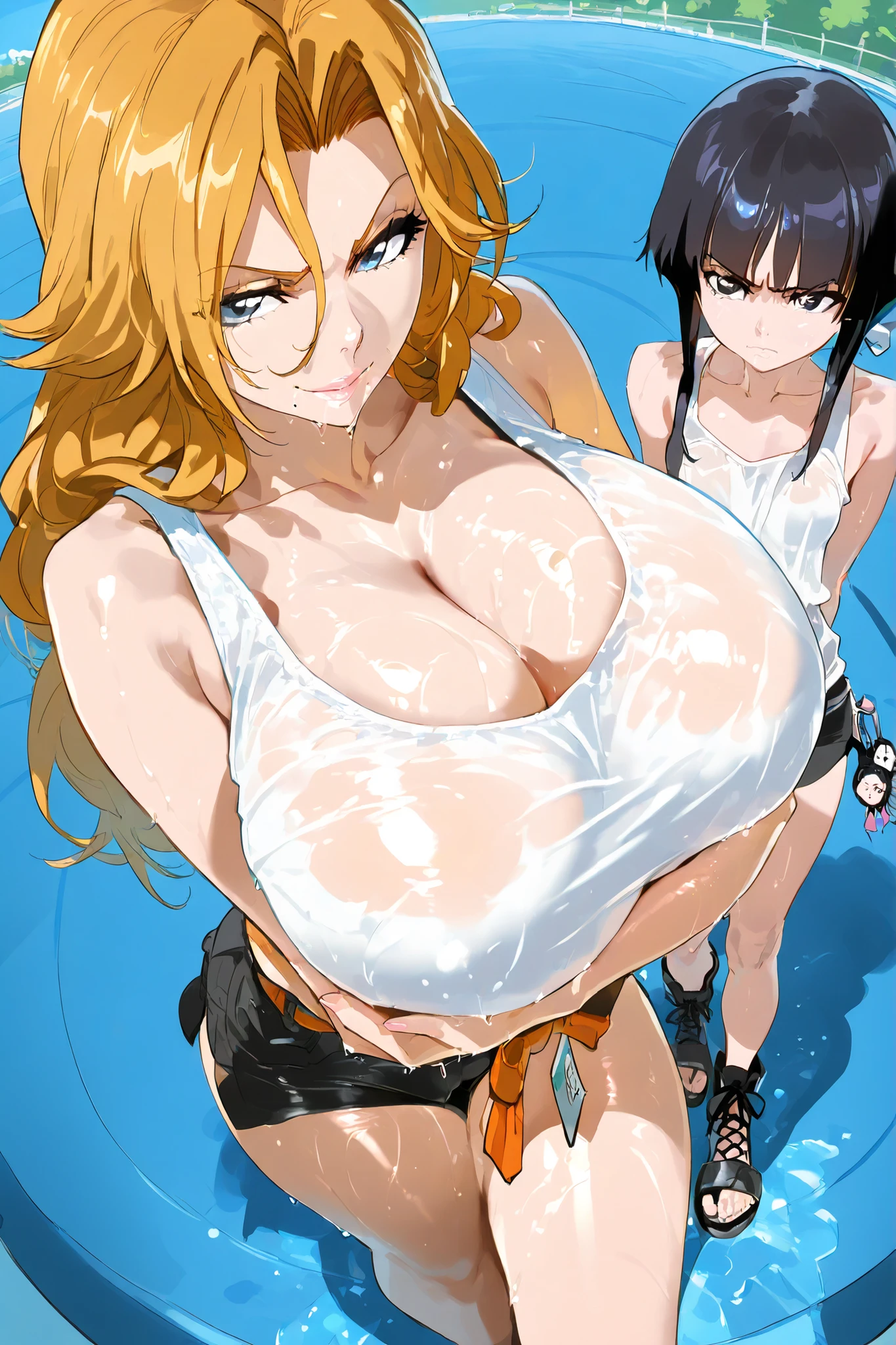 (score_9, score_8_up, score_7_up,(masterpiece,best quality, high resolution,8K,very athletic,(hetero:1.3),anime cels style,anime screencap)),(white background),(simple background),Anne Bonny & Mary Read , fgo, Female pirate, pirate hat, high leg, damaged cut jeans , dark-skinned female, 2 girls, smile, black thighhighs, earrings, belt, (super gigantic breasts showing),(beautiful detailed,huge areolae),(beautiful detailed,gigantic erect nipples),(dripping nipples lactation:1.3), (white background),(simple background)
